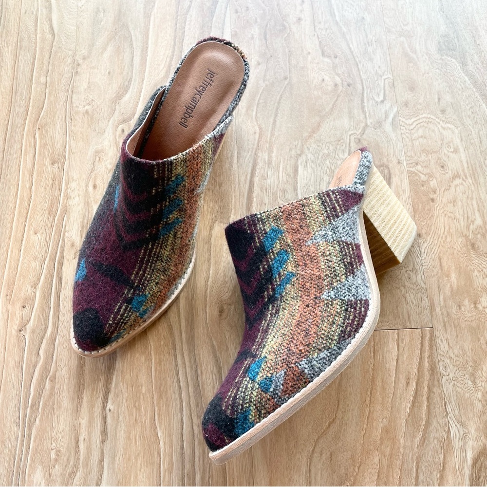 JEFFREY CAMPBELL Southwestern Textile Block Heel Mules